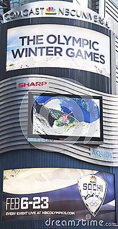 Comcast NBC Universal billboard decorated with Sochi 2014 XXII Olympic Winter Games logo near Times Square