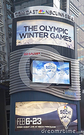 Comcast NBC Universal billboard decorated with Sochi 2014 XXII Olympic Winter Games logo near Times Square in Midtown Manhattan