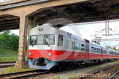 Commuter Train Under Bridge