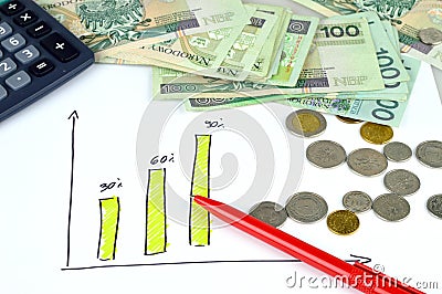 Company Growth - Poland. Graph and money.