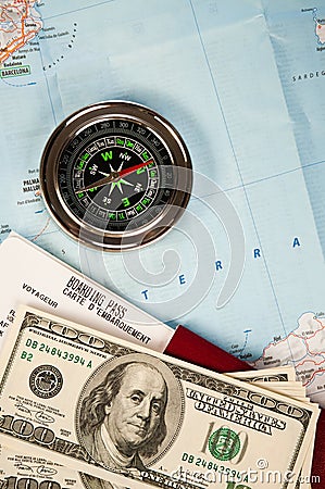 Compass, money and passport