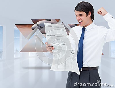 Composite image of celebrating tradesman looking at the news