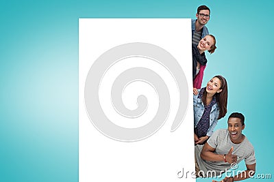 Composite image of young friends showing card