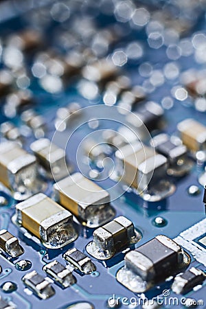Computer Circuit Board Close Up Macro. Microchips, Transistors,