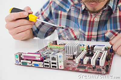 Computer engineer working on cpu with screwdriver