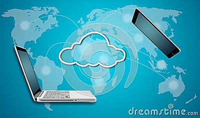 Computer laptop and tablet with cloud network concept