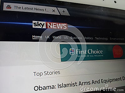 Computer screen showing sky news front page on internet