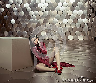 Conceptual photo of woman in the golden room