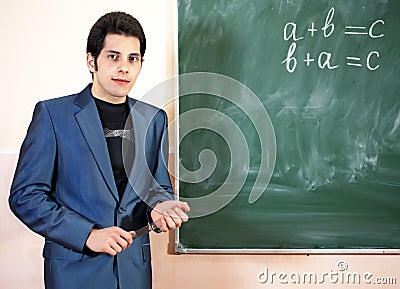 Young teacher and classic chalkboard background