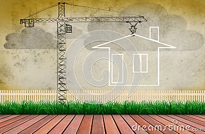 Construction crane lifting new home in garden