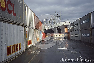 Containers on shipping dock with ship in the background