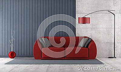 Contemporary living room with red couch