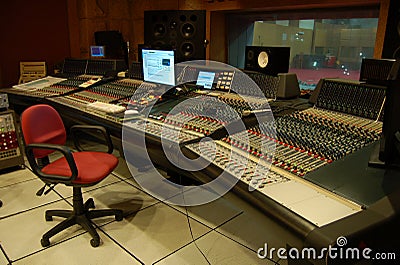 The control room of a professional music recording studio