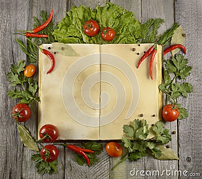 Cook book with tomatoes and cjili