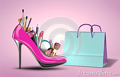 Cosmetics set into a womans shoe with gift bag.