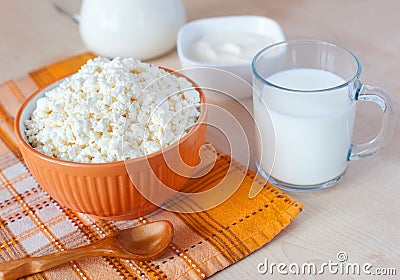 Cottage cheese, glass of milk and sour cream