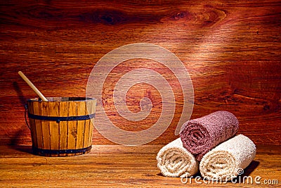 Cotton Towels in a Traditional Wood Sauna in a Spa