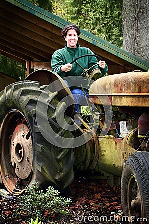 Country Lady Driving Old Tractor