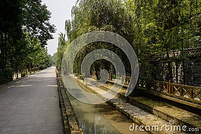 Countryroad along irrigation canal in sunny verdant summer