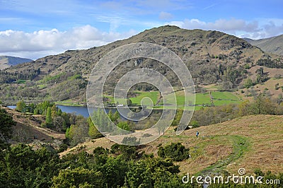 Countryside landscape: trail, lake, mountains, sky