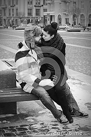 A couple in retro style kissing