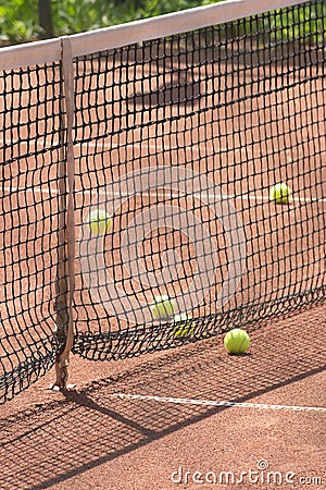 Court, tennis balls and net closeup