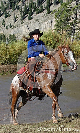 Cowgirl & Horse Emerging from Pond