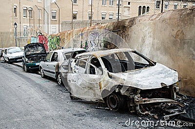 Crashed burned cars