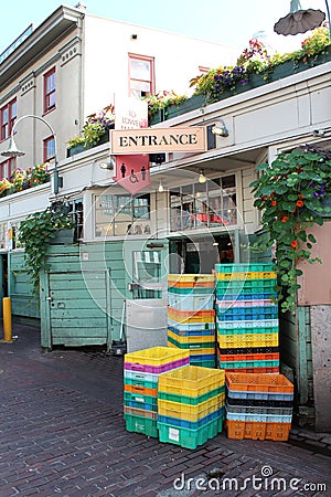 Crates outside of a restaurant in Pike Place