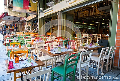 CRETE,HERAKLION-JULY 21: Colorful cafe on July 21,2014 in Heraklion city on the Island of Crete , Greece.