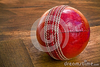Cricket ball on wooden bat