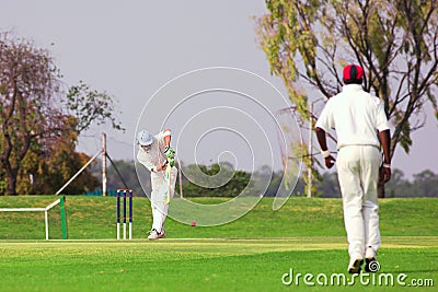 Cricket player hitting ball