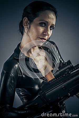 Criminal, Sexy girl military woman posing with guns.