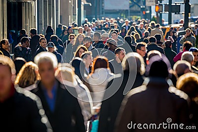 Crowd of people walking on street sidewalk