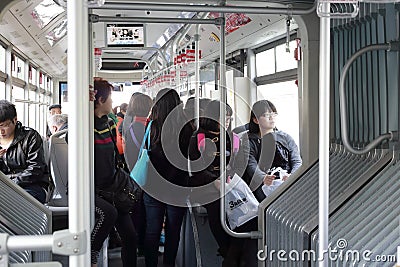 Crowds in a long bus of brt