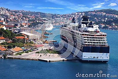 Cruise ship on the background of the Dubrovnik