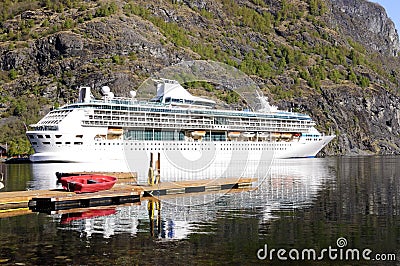 Cruise Ship and Small Boat on a Pier, Norway