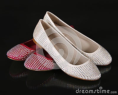 Crystals encrusted beige and red flat shoes