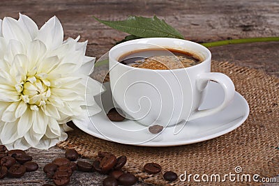 A cup of black coffee and white dahlia