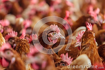 Curious brown hen on an organic chicken farm