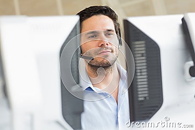 Customer service representative using computer