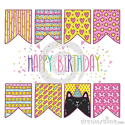 Cute cartoon happy birthday holiday flags with cat