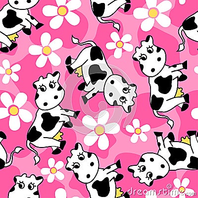 Cute cow and flowers seamless pattern