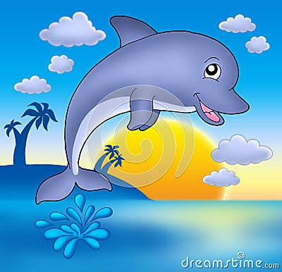 Cute Jumping Dolphin With Sunset Stock Photo