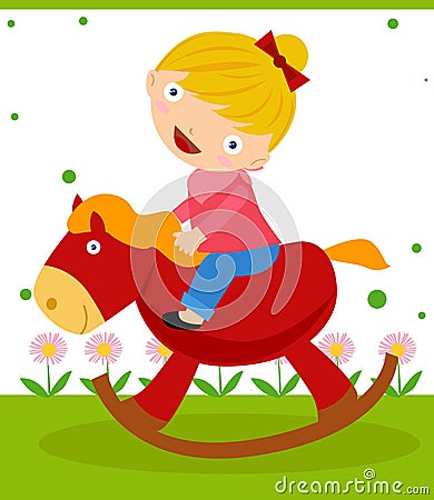 A cute little girl is riding on her rocking horse