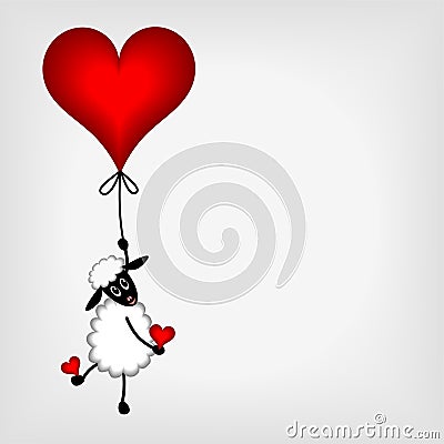 Cute little sheep hanging on red heart - balloon