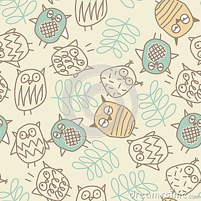 Cute owls in a seamless pattern