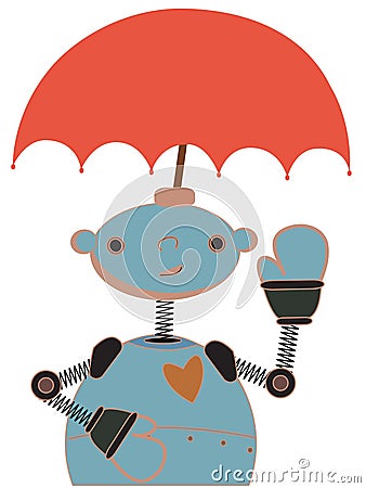 Cute Robot with Umbrella attached to head waving