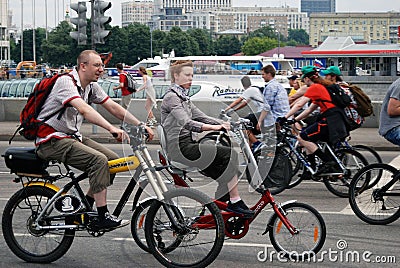 Cycle race in Moscow. Men on bikes.