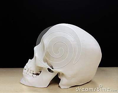 3D打印机做的头骨在木表有黑背景 库存照片 -